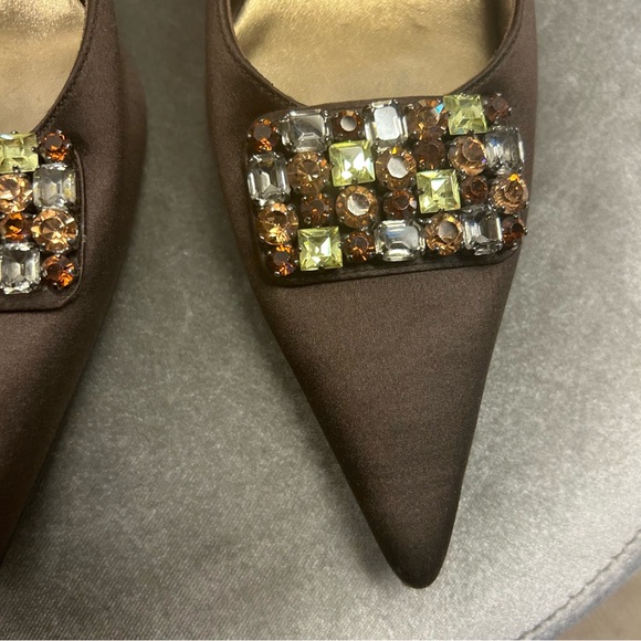 Stuart Weitzman brown satin sling back low heel gem jewelled buckle formal Sz 11 - Picture 6 of 13